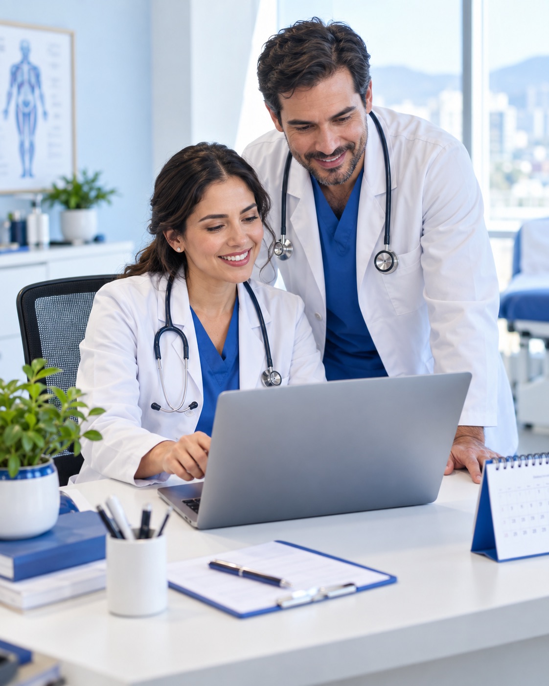 Dos profesionales médicos trabajando juntos en una laptop dentro de un consultorio luminoso.